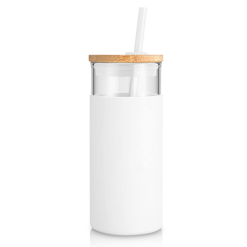 Tronco 20 oz Glass Tumbler with Lid and Straw, Iced Coffee Cup and Smoothie Cup with Bamboo Lids & Protective Silicone Sleeve, Dishwasher Safe, BPA-Free, Glass Cup 1 Pack - Image 1